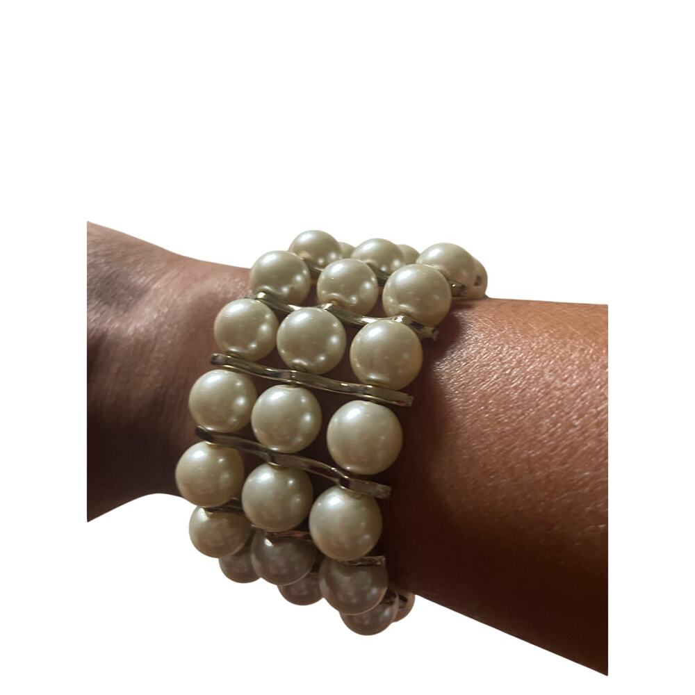 Pearl 3 Tier Bracelet with gold Prongs Feminine Classy Statement Maximalist